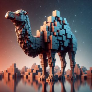 A camel composed of hundreds of stacked cubes. It is standing in front of a stacked cube skyline and dark sky with stars. The camera angle is from slightly below the camel, so the viewer is looking up towards his rather disdainful look. If a camel made of cubes can look disdainful, this one does. 
